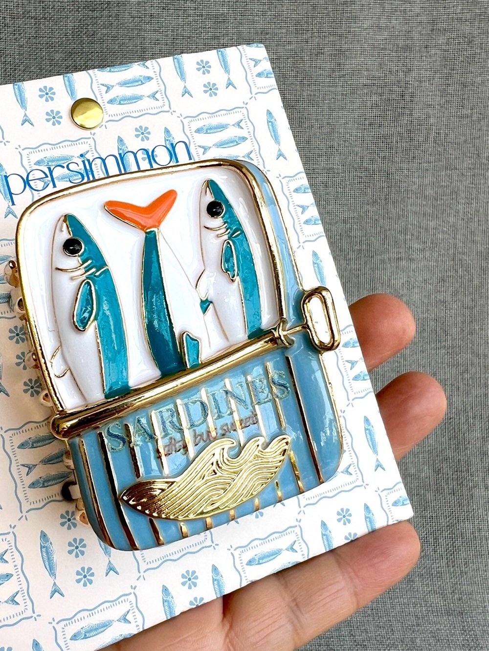 Persimmon Novelty Canned Sardines fish claw jaw metal hair clip gold blue white